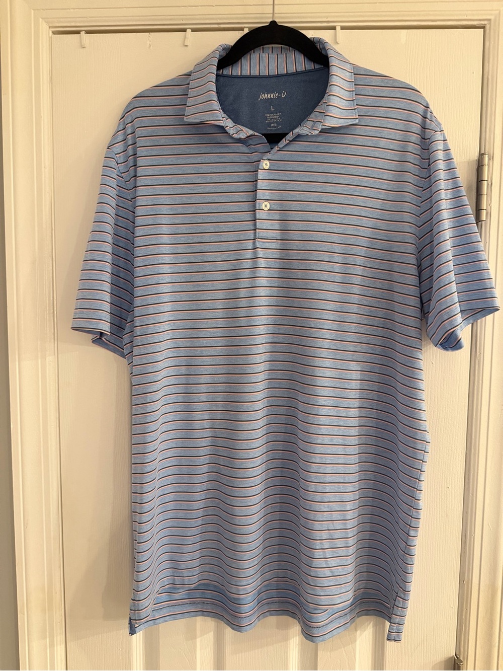 johnnie-O Men’s Performance Striped Golf Polo Size L Blue Pink UPF 50